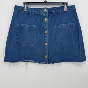 Boohoo Denim Button Front A Line Mini Skirt Raw Hem Blue Size 12